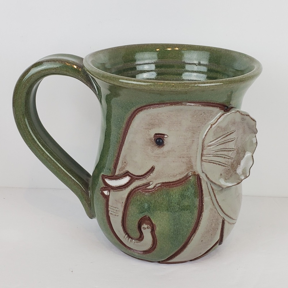 Vintage Mudworks USA 3D Elephant Zoo Pottery Green Gray Coffee Tea Mug Cup